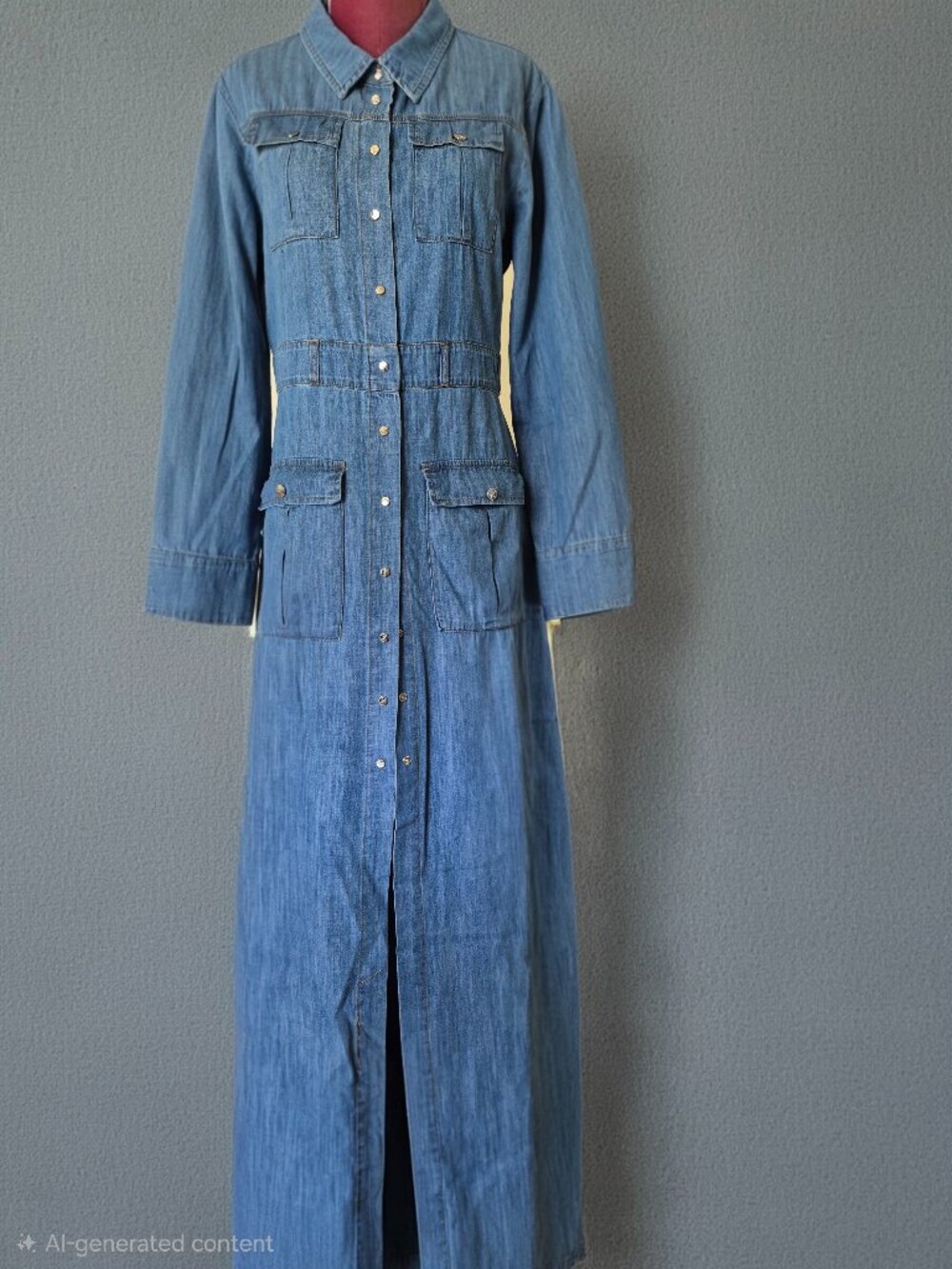 KAOS Denim Italian Blue Denim Snap-Front Maxi Shirt Dress Western Utility IT 42